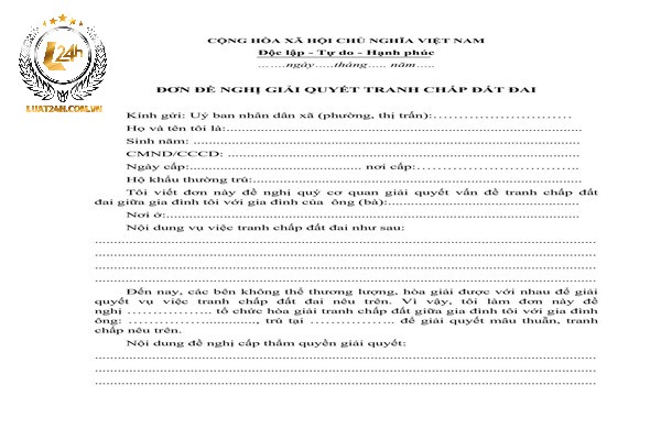 đơn đề nghị giải quyết tranh chấp đất đai