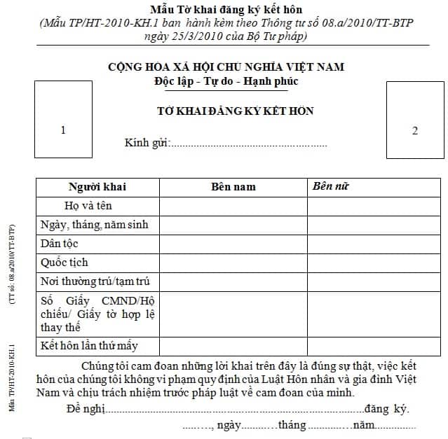 Mẫu đơn đăng ký kết hôn