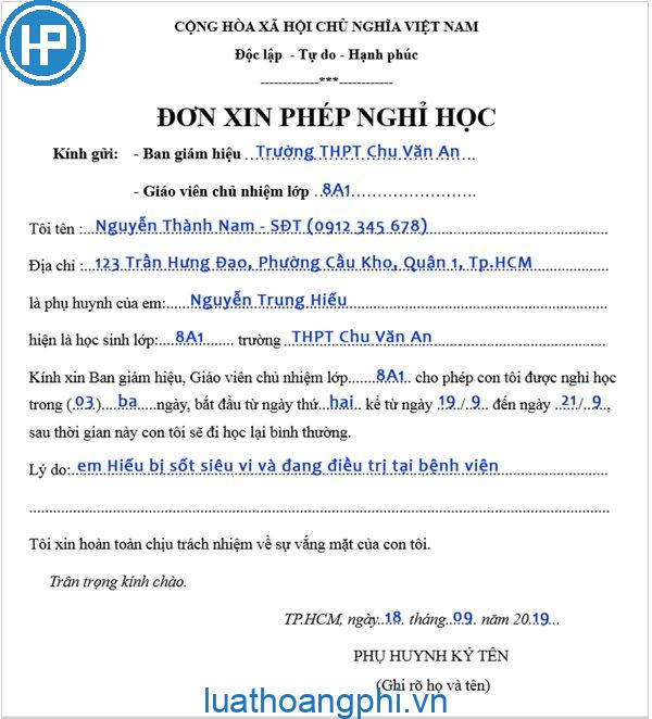 Mẫu đơn xin nghỉ phép của học sinh