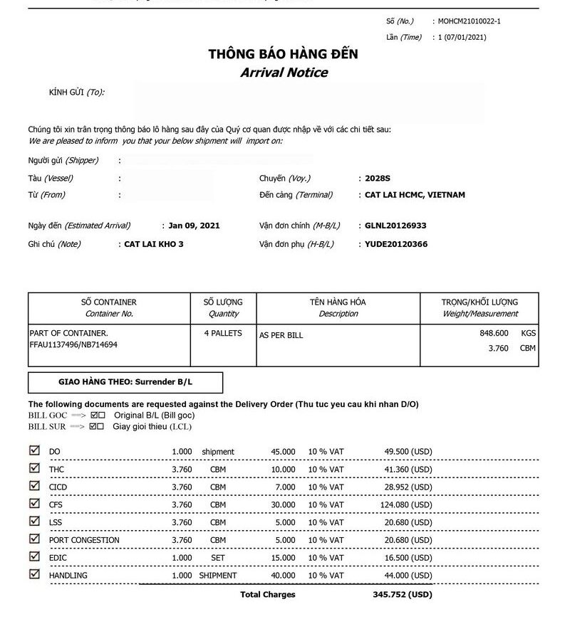 Thông báo hàng đến